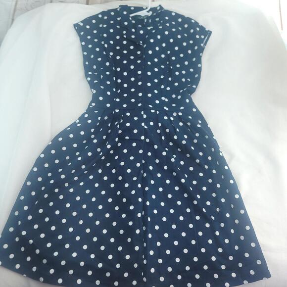 Lauren Ralph Lauren Dark Navy White Polka Dots Tie Waist A-line Size 8 Dress - Picture 6 of 10